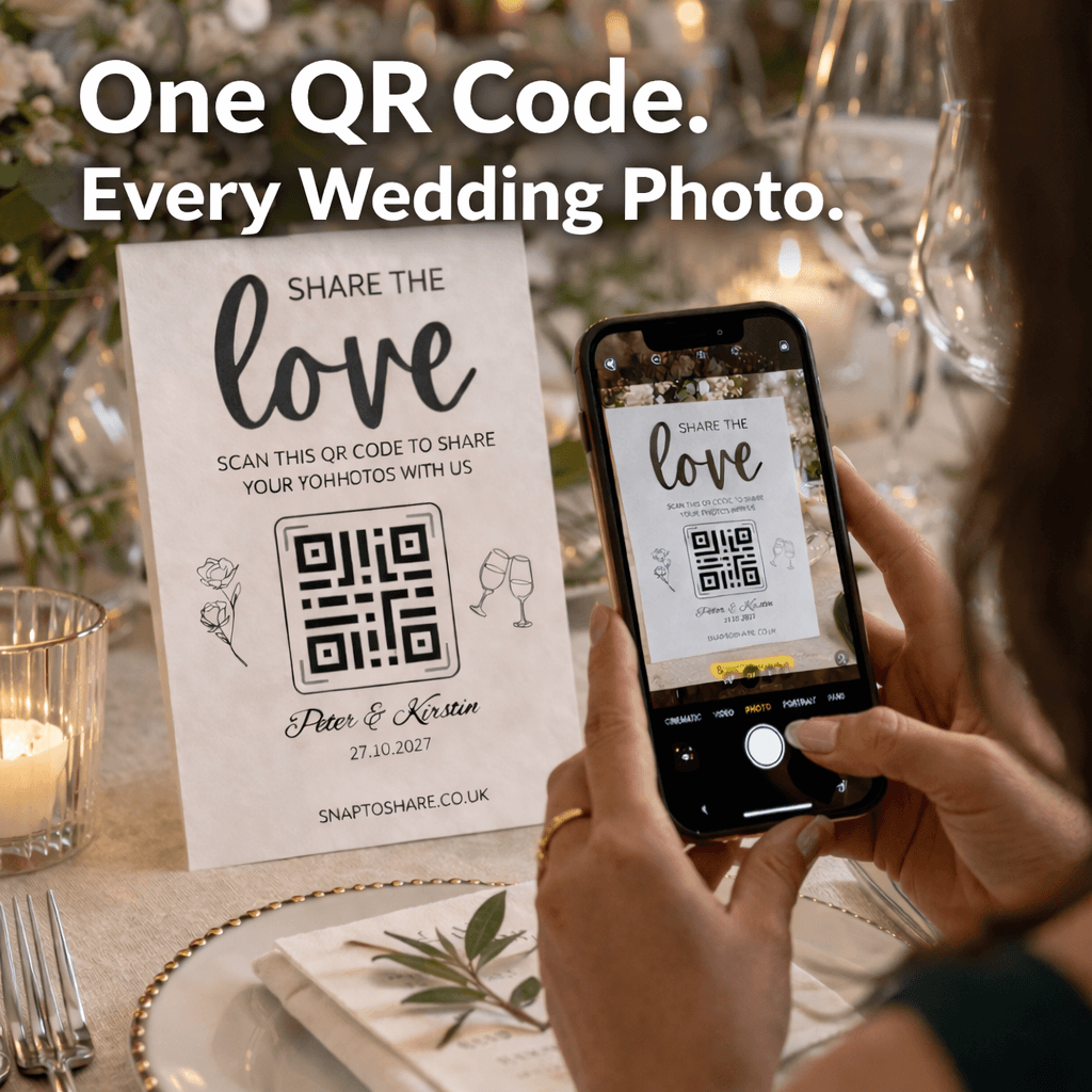 One QR code, every wedding photo — Snap to Share table card