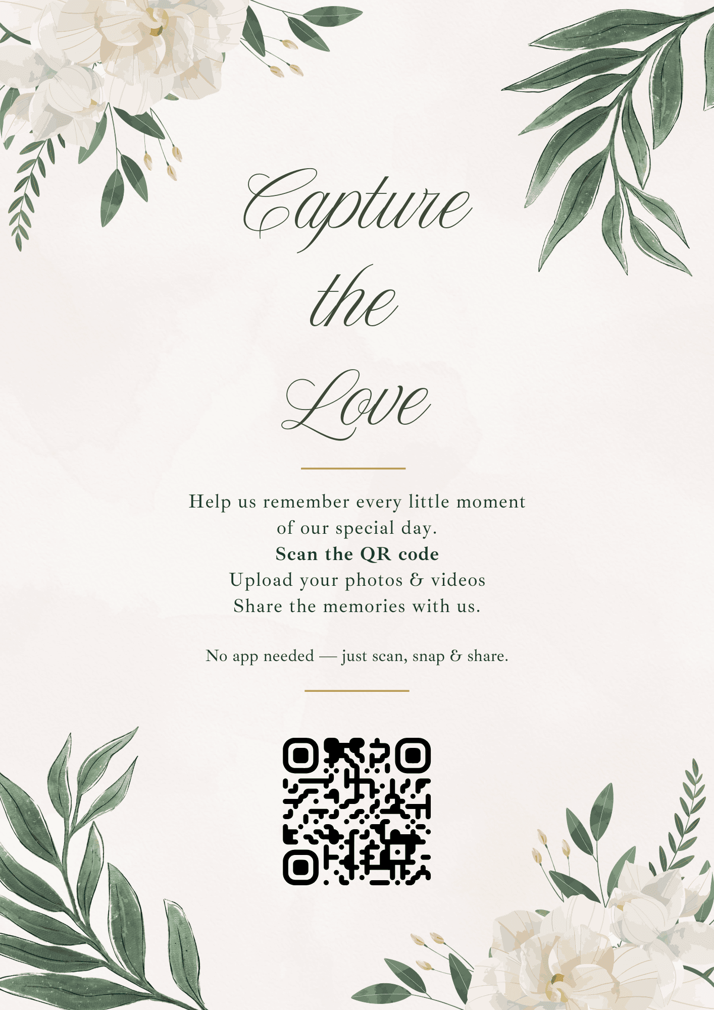 Ivory wedding table card with watercolour florals, 'Capture the Love' script and a QR code