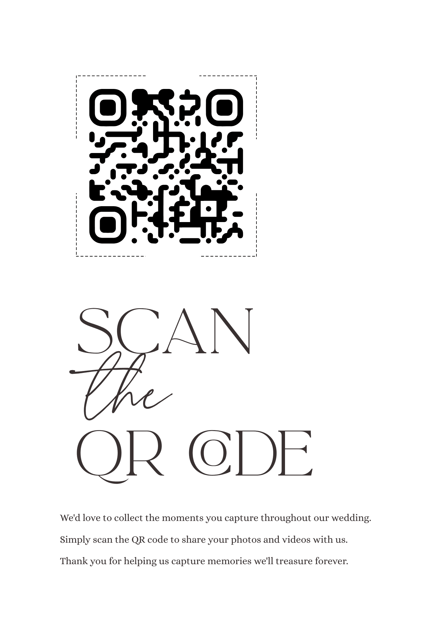 Minimalist white wedding table card with 'Scan the QR Code' in modern serif type