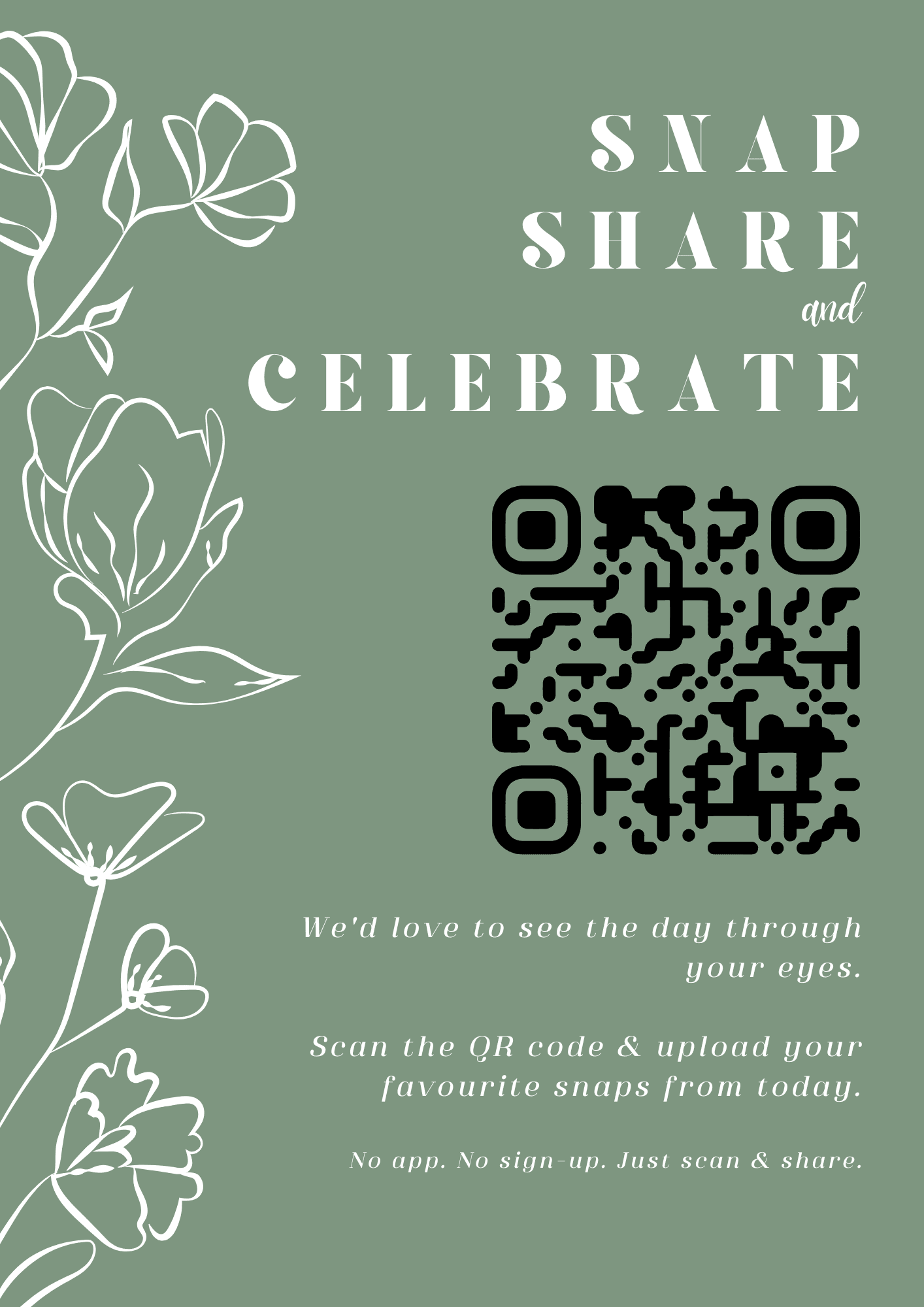Sage green wedding table card with white line-drawn flowers, 'Snap, Share and Celebrate' and a QR code