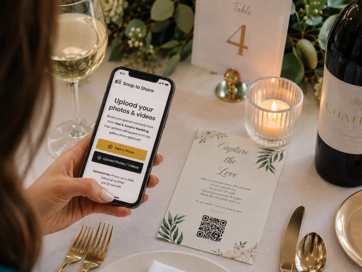 Phone showing the Snap to Share upload page beside a Capture the Love table card at a wedding reception
